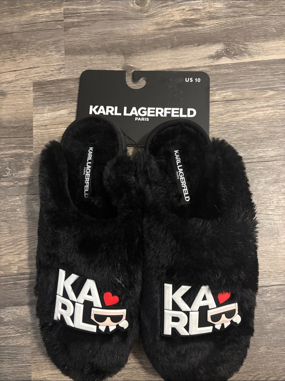 Karl Lagerfeld Black Faux-Fur Logo Slide Slippers with Red Heart Accent